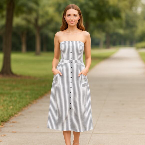 Strapless Pinstriped Dress Button Detail Midi - Picture 1 of 6